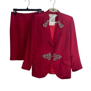 Lillie Rubin Vintage Womens  Skirt Suit Size 10 Red Beaded Embellished Silk